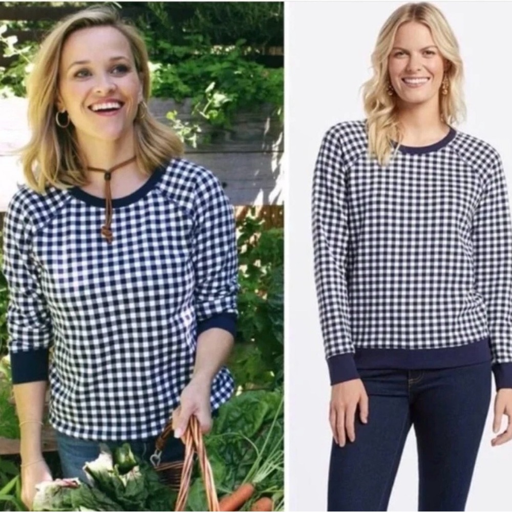 Draper James Natalie Gingham Crew Neck Sweatshirt Navy Women’s XXL Soft Warm B#1